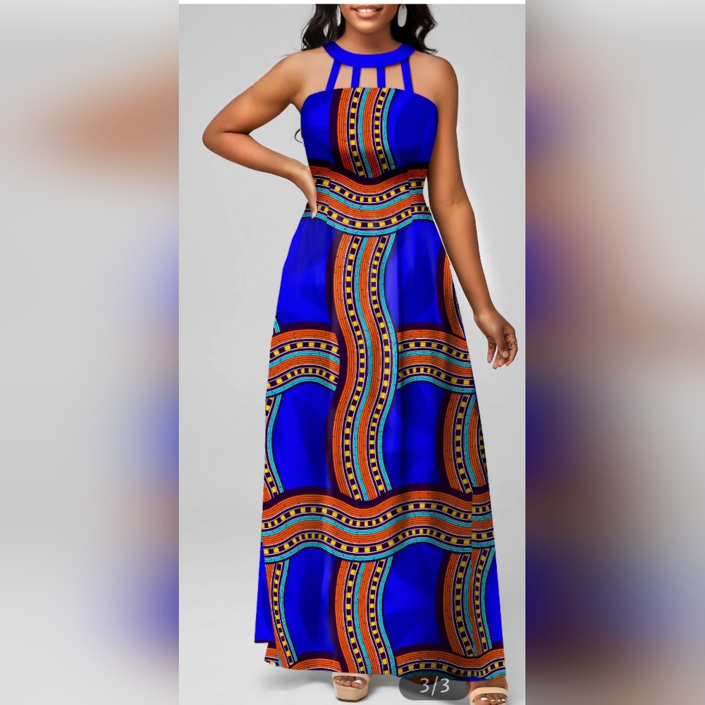 Vibrant Blue and Orange Maxi Dress